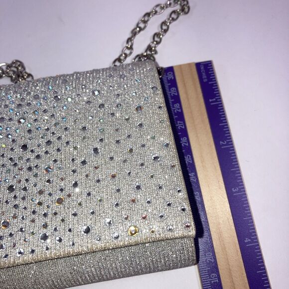 Jessica McClintock Silver Rhinestone Evening Clutch Bag Chain Shoulder Strap - Picture 4 of 4